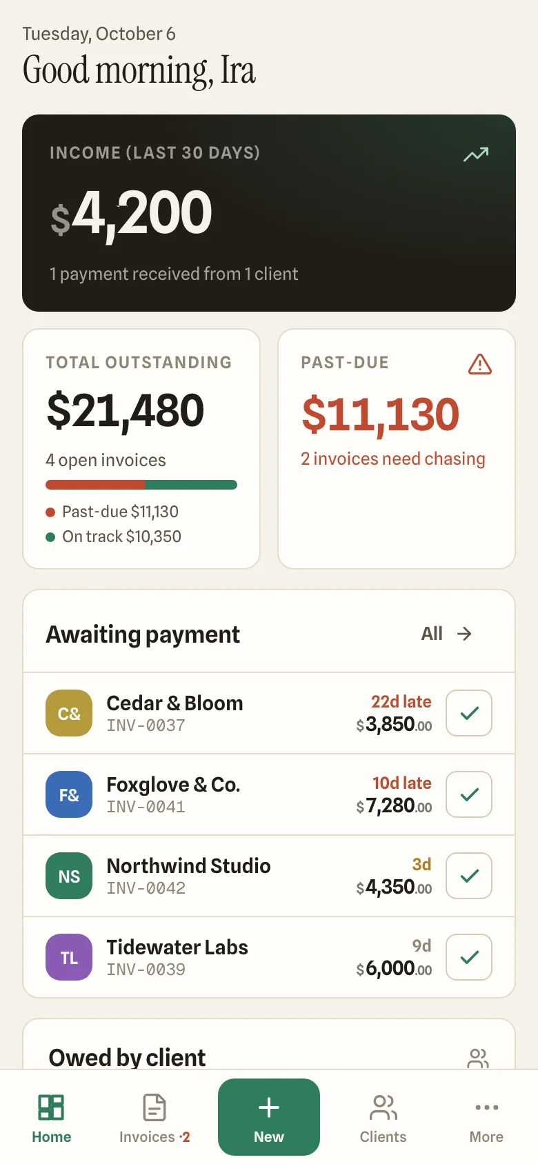 Matcha Invoices dashboard on a phone showing income, total outstanding and invoices awaiting payment