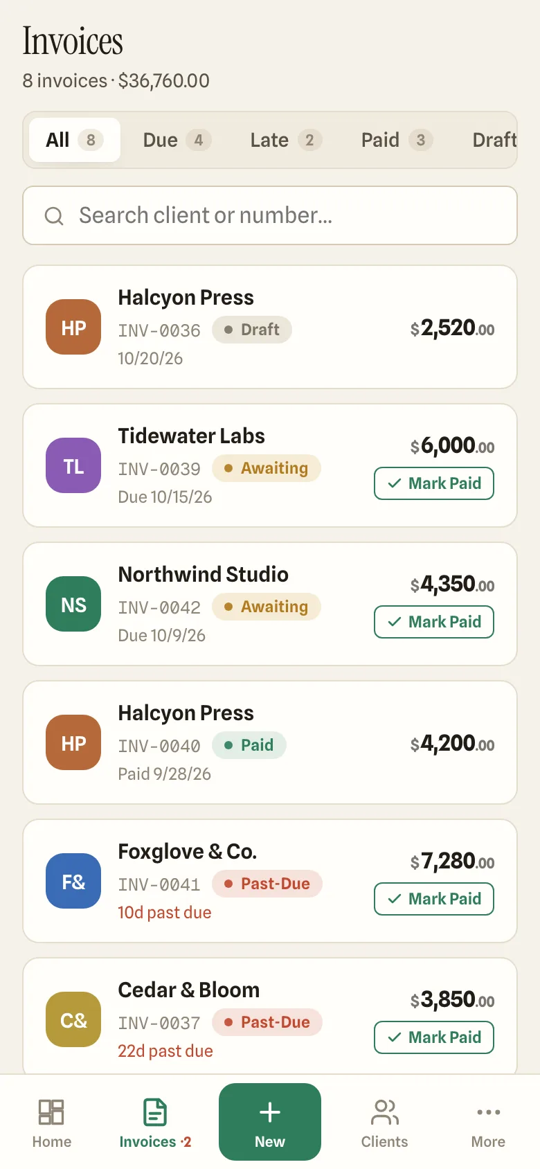 Matcha Invoices on a phone showing the invoice list with draft, awaiting, paid and past-due invoices